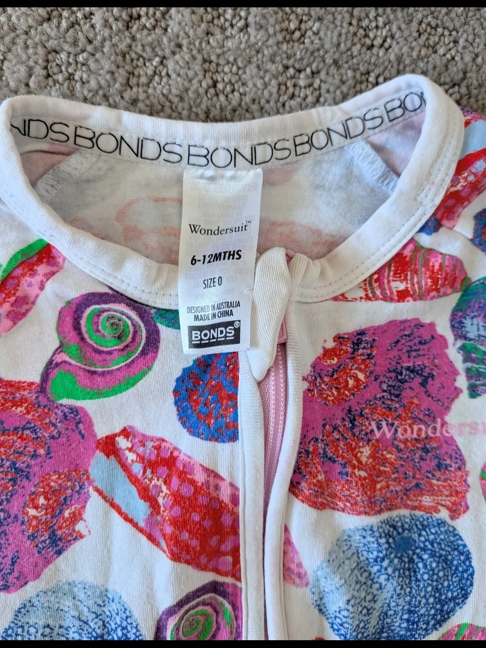 Bonds Wondersuit Zippy White Shell-Print Zip Front One-Piece 6-12 Months